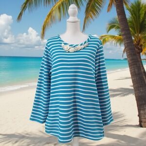 Susan Graver Teal and White Striped Long Sleeve Top PULLOVER XL